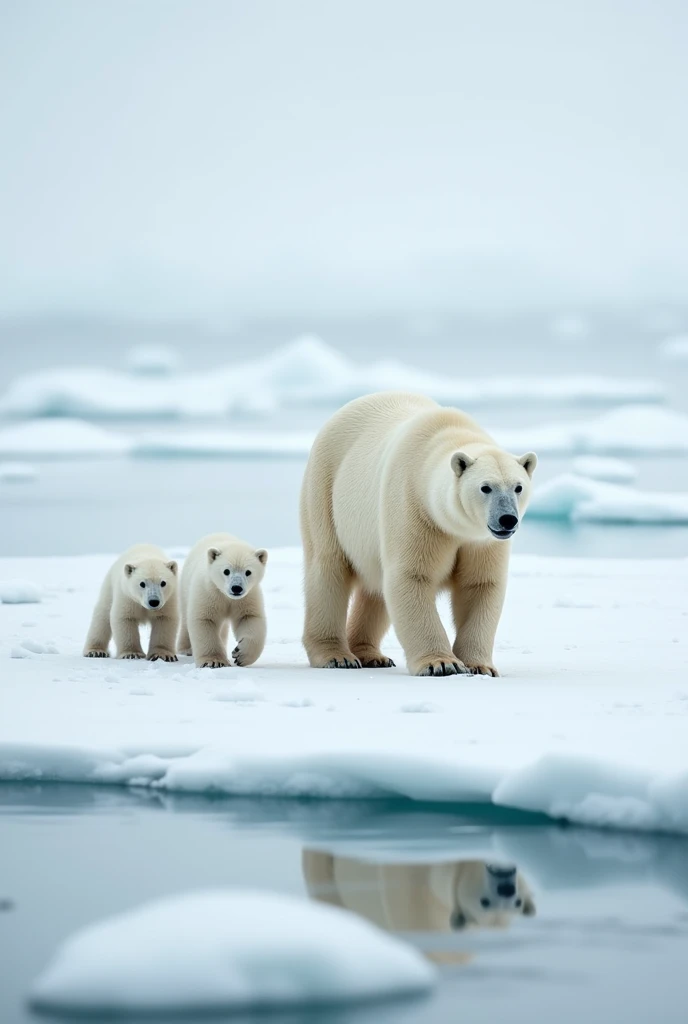 A Polar Bear Family Walking Across the Ice**: Photograph a mother polar bear leading her cubs across a vast, icy landscape, highlighting the stark beauty of the Arctic and the bond within the family.