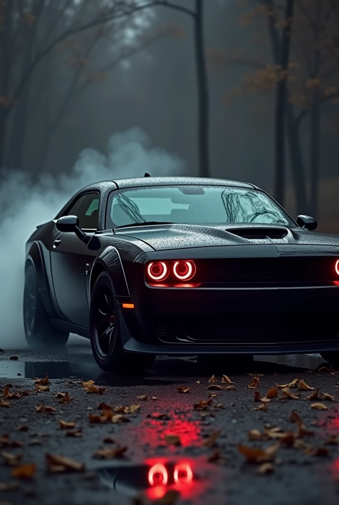 Dodge Challenger SRT hellcat red eye in black colour with red light with dark background  with a little side view with fume with a death stare view and some dead leaves on ground front view a little side drift view left side view