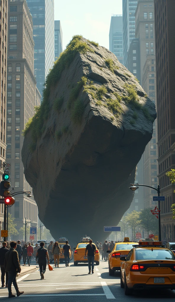 A big rock/median blocking the road of a New York-style city
