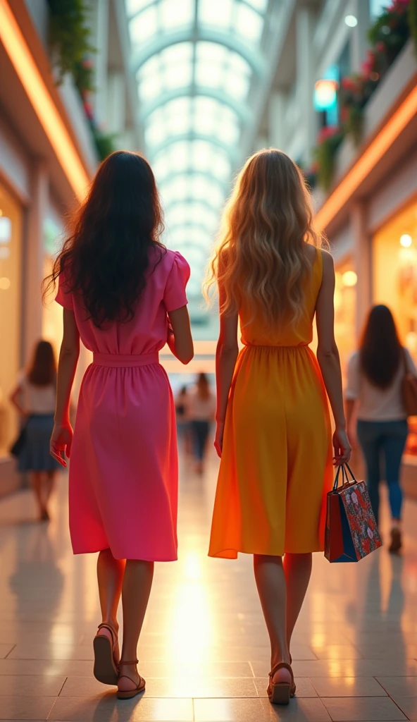 In the style of real movies,Two women in brightly colored clothes are shopping in a shopping mall,With your back to the camera