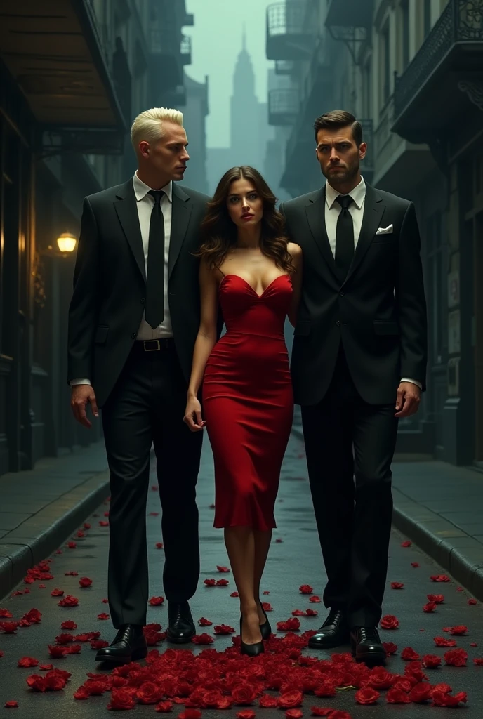 A background of a dark street with bullets and red rose petals on the ground, The girl is between the two men who are almost two meters tall., The girl has a sexy red dress and the men are wearing tailored black suits. One of the men has short platinum blonde hair , Men are 35 to 3, the girl has brown hair
