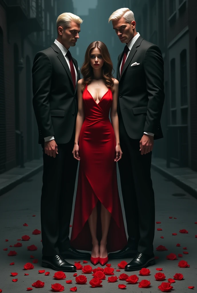 A background of a dark street with bullets and red rose petals on the ground, The girl is between the two men who are almost two meters tall., The girl has a sexy red dress and the men are wearing tailored black suits.  One of the men has short platinum blonde hair , Men are 35 to 3, the girl has brown hair 