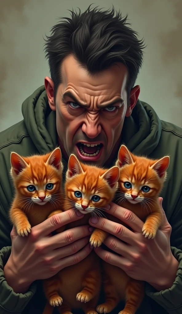 A man holding thre red kittens in his hands and the man is angry, the kittens are emotional and crying, tears are getting out of their eyes