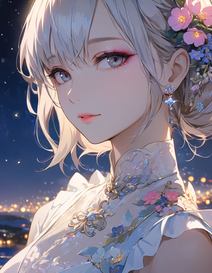 One beautiful girl,Highest quality,masterpiece,detailed,night,One beautiful girl,The scent of flowers drifts,風が囁くnight,  A light seen in the distance,Let yourself be led,Close up of face 