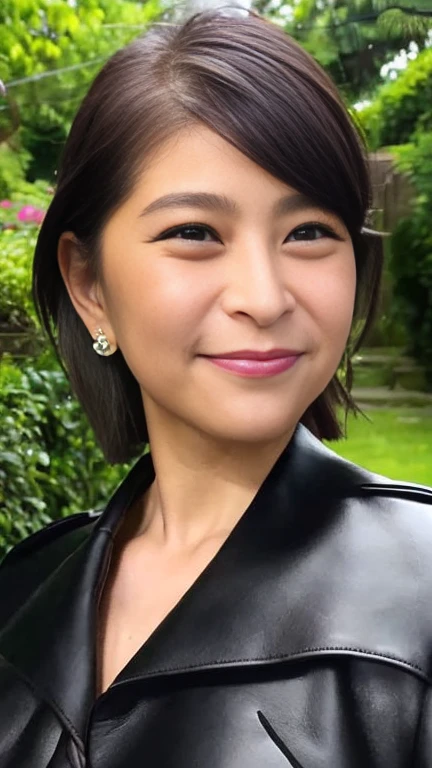 最high quality, 8k, Vibrant, Sharp focus, high quality, High resolution, Middle-aged women, Mature Woman, 5, (Whole Body Ezbian), (High heels face detail, Highly detailed eyes, Plump figure、Plump face、((big 1.6))、(((Large Breasts)))、((Black leather clothing))、garden、Random Hairstyles、A kind smile、