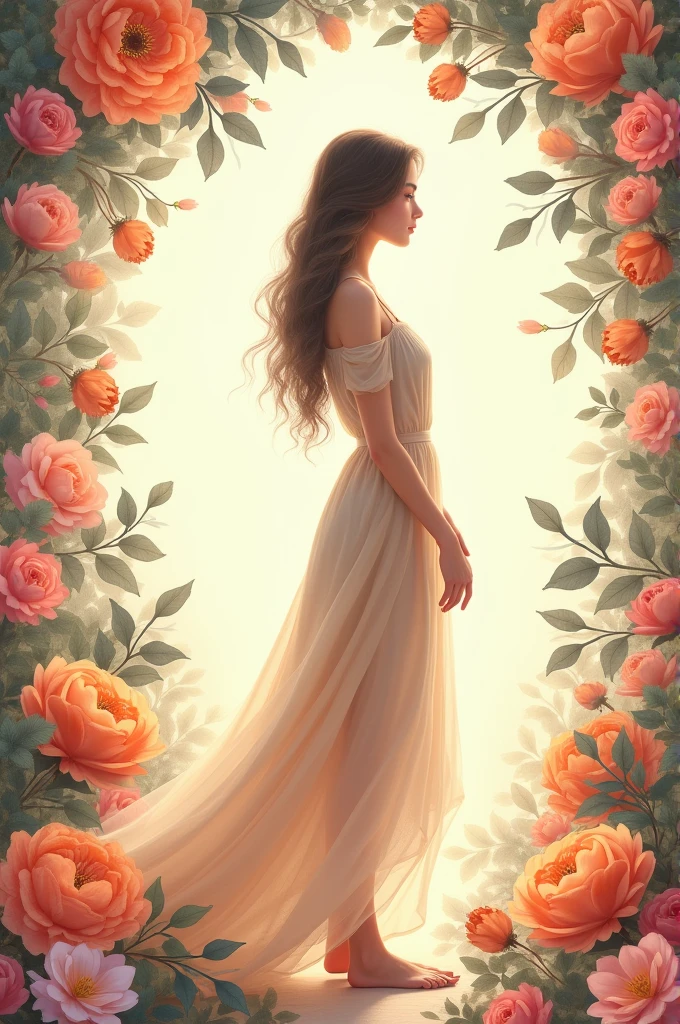 Asymmetrical flower border with beige dress at the center