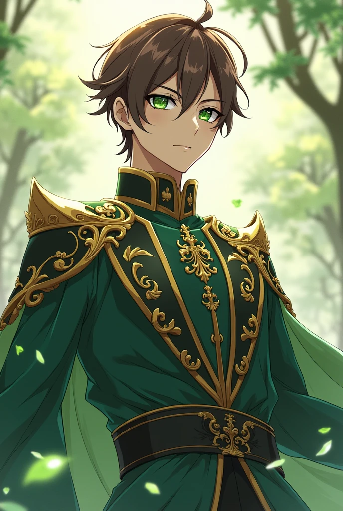 Create an anime character using these name:
1. Brother - Prince Frederick Blackwood (Freddy) (he had an green eyes, brown hair, hes style resembles of earth magic user)
Make him more majestic and mature.