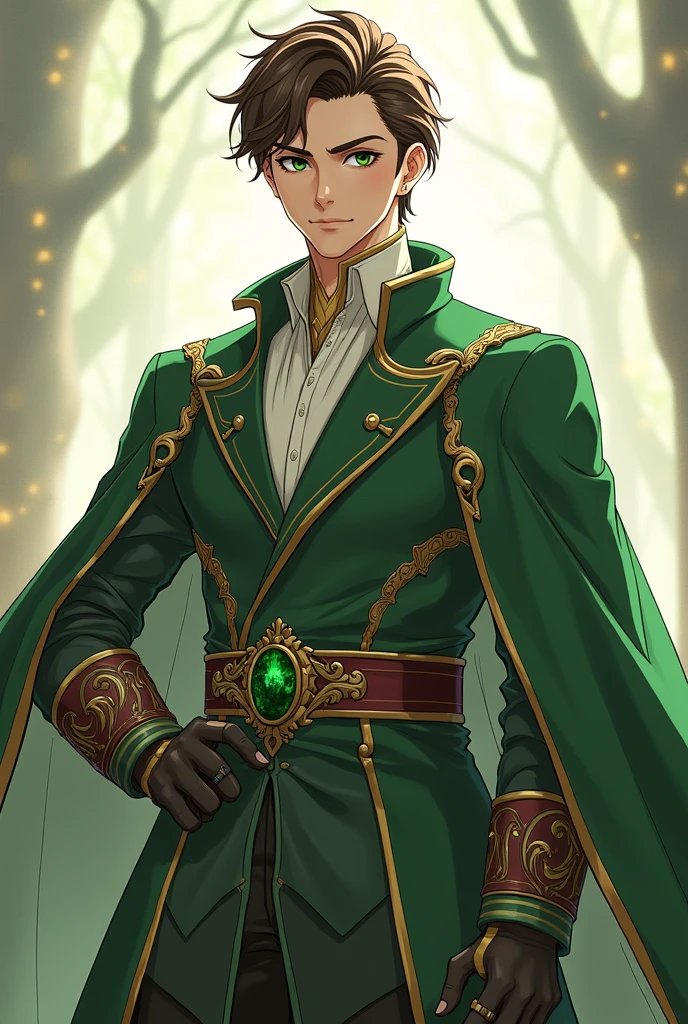 Create an anime character using these name:
1. Brother - Prince Frederick Blackwood (Freddy) (he had an green eyes, brown hair, hes style resembles of earth magic user)
Make him more majestic and mature.