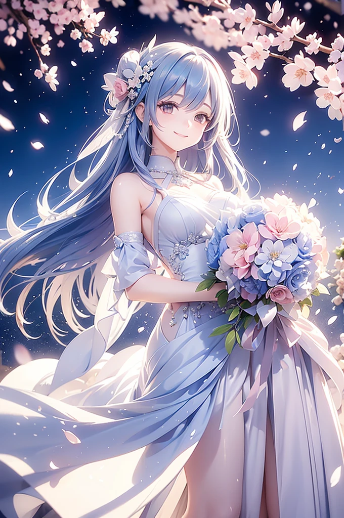A girl with long blue hair, wearing a long wedding dress, holding a ball of flowers, smiling face, surrounded by falling cherry blossom petals, the colors are magical and shimmering, the effect is magical and filling. remote, panoramic view from afar