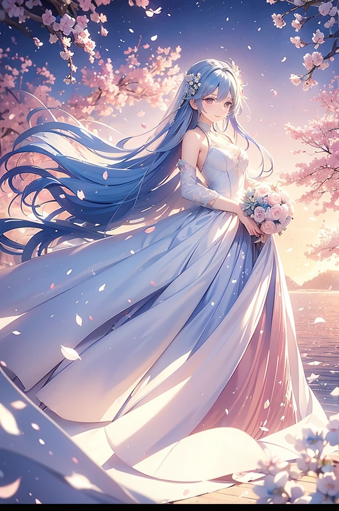 A girl with long blue hair, wearing a long wedding dress, holding a ball of flowers, smiling face, surrounded by falling cherry blossom petals, the colors are magical and shimmering, the effect is magical and filling. remote, panoramic view from afar