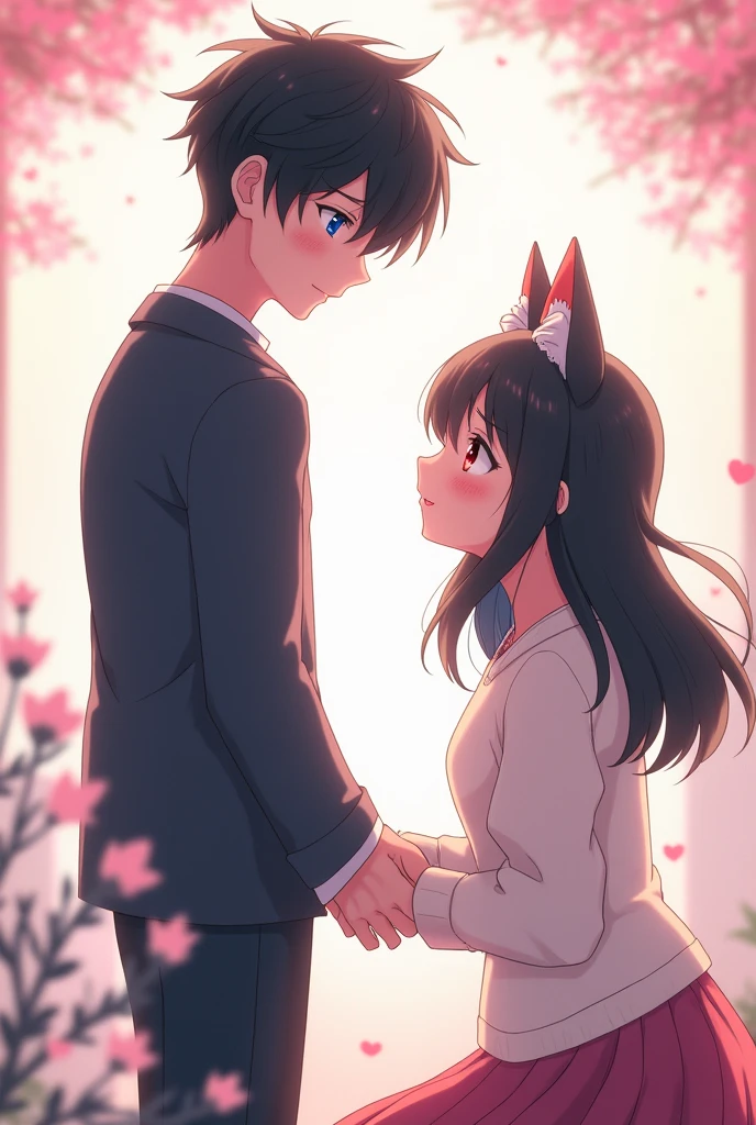 Anime boy with black hair and blue eyes standing and anime girl with black hair and red eyes embarrassed and with cat ears on her knees in front of the boy