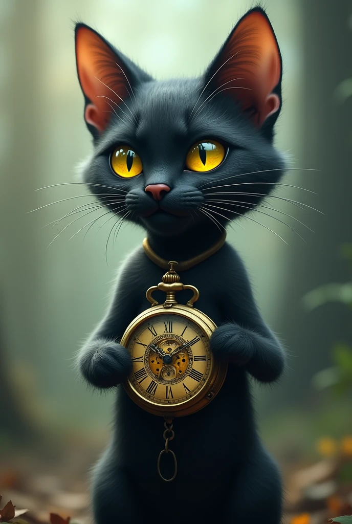 A black cat wearing a watch on its arm