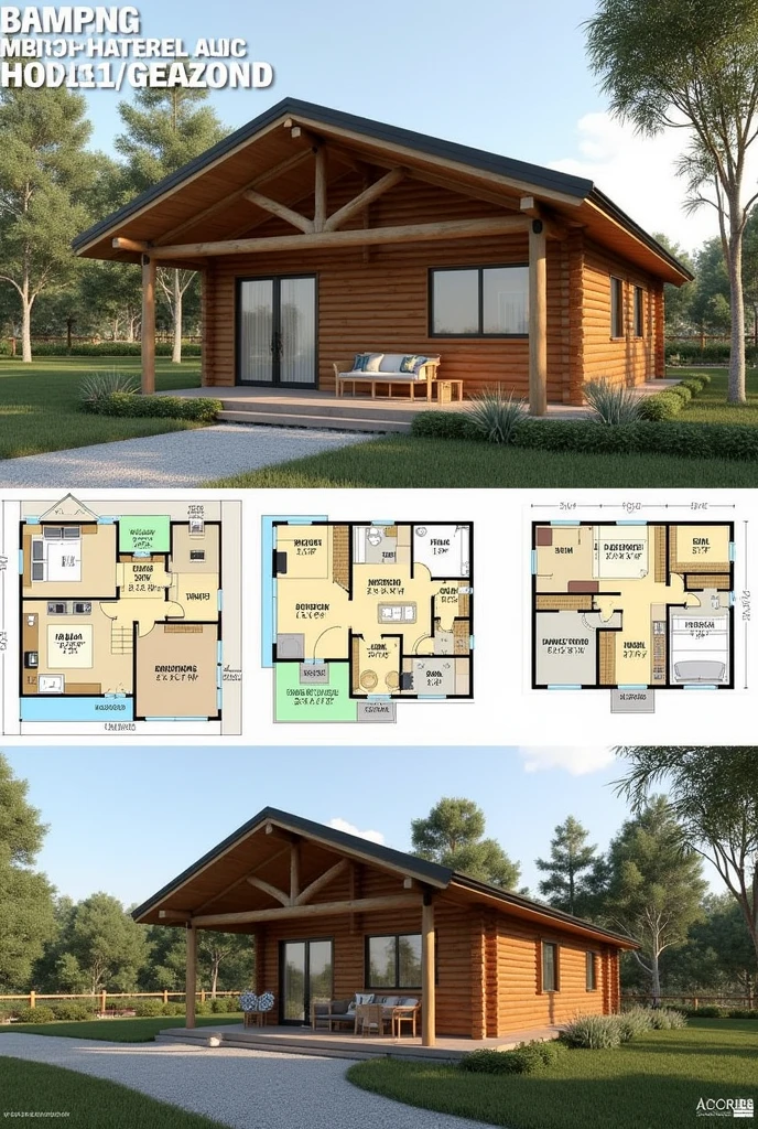 Make a DESIGN for a 60m2 country house: 1 small bedroom and shared bathroom: 1 double bedroom with suite and closet next to the living room: kitchen combined with living room with fireplace and view: and the master bedroom with a view: 60cm round wood log columns, gable roof and glass front