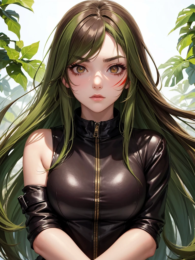 anime woman, 20 year, long hair, brown, olhos verdes esmeralda, calm face, red makeup under the eyes, bushy eyebrows, scar on cheek, leather jacket