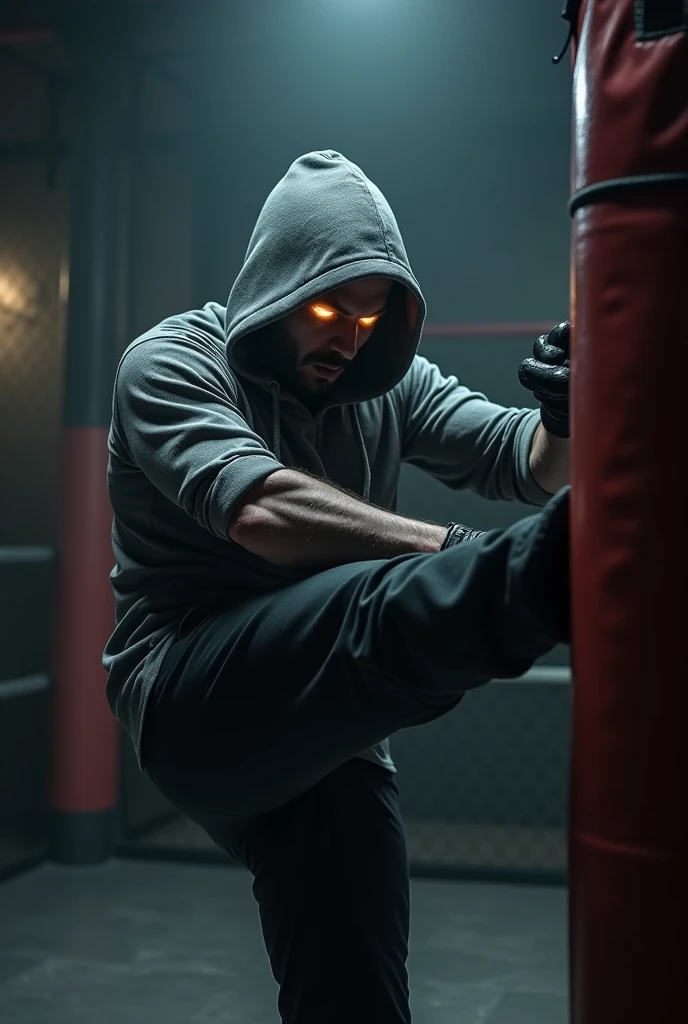 Man in grey hoodie with sleeves torn off with face unseen training in the shadows of an mma gym kicking a punching bag aggressively with glowing amber eyes