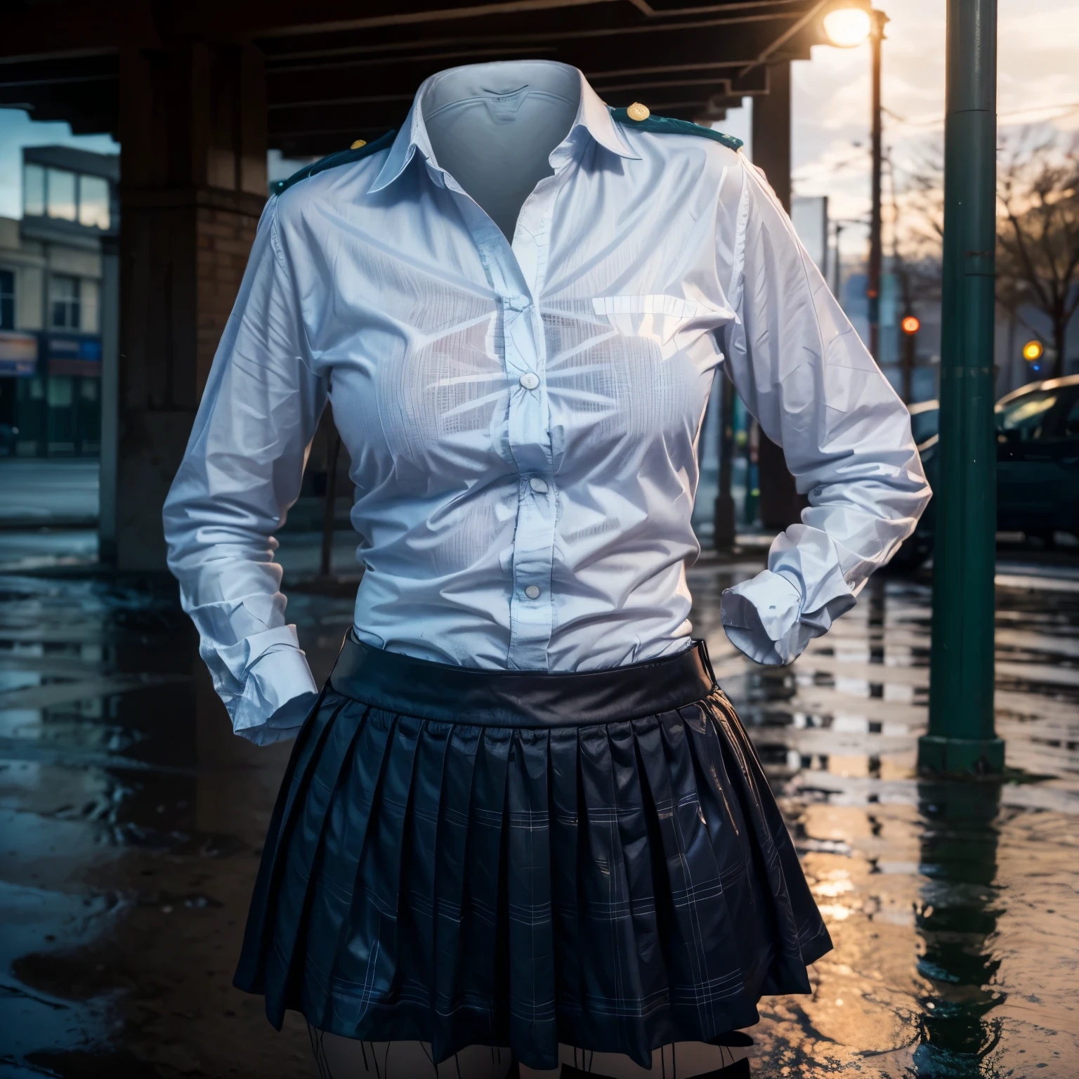 (Best-quality, Masterpiece, Ultra-High-Resolution, (Photorealistic:1.4), Raw Photo, depth of field, professional lighting, perfect anatomy, extremely details), 1girl, -yeld, coy shot, wearing extremely wet school blouse in city, school uniform, plaid skirt