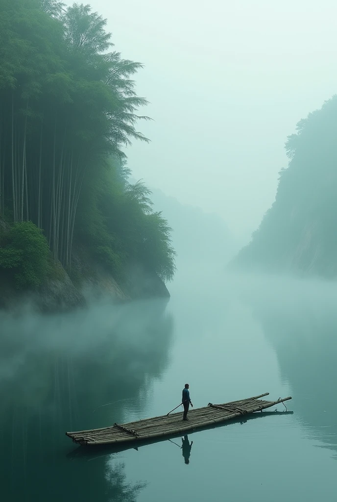 Misty,A bamboo raft with a small person standing on it was shot from a high mountain from a first-person perspective.
