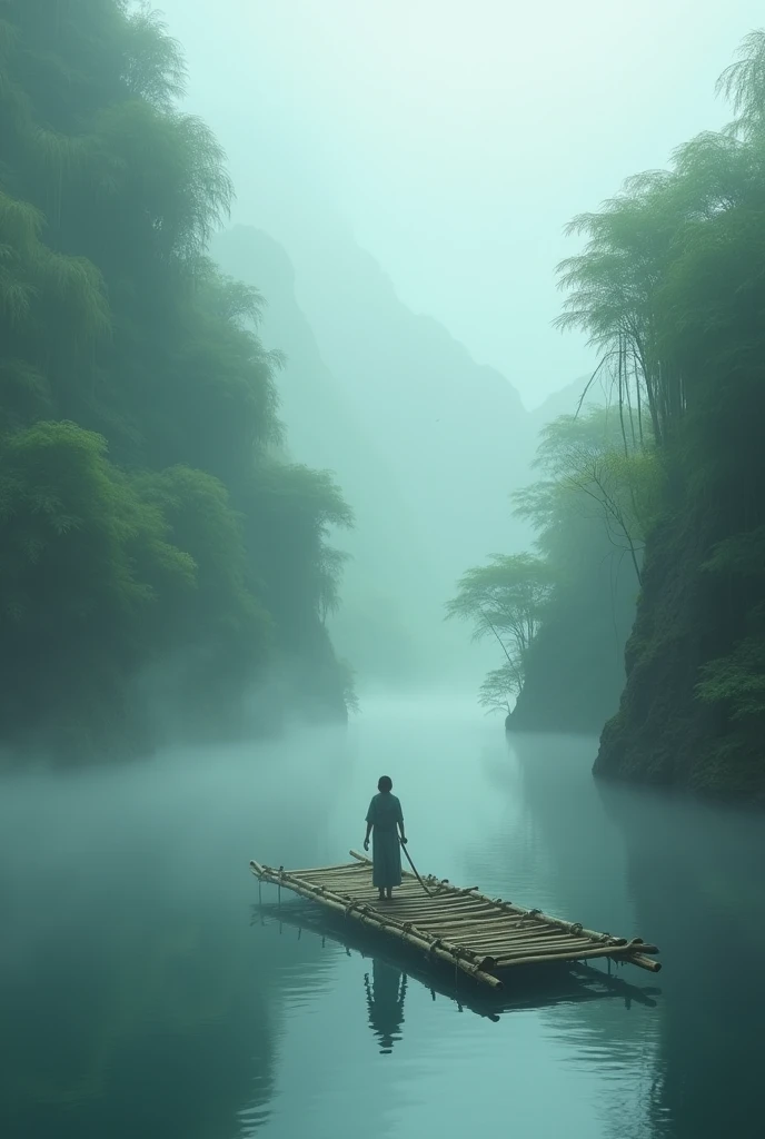 Misty,A bamboo raft with a small person standing on it was shot from a high mountain from a first-person perspective.