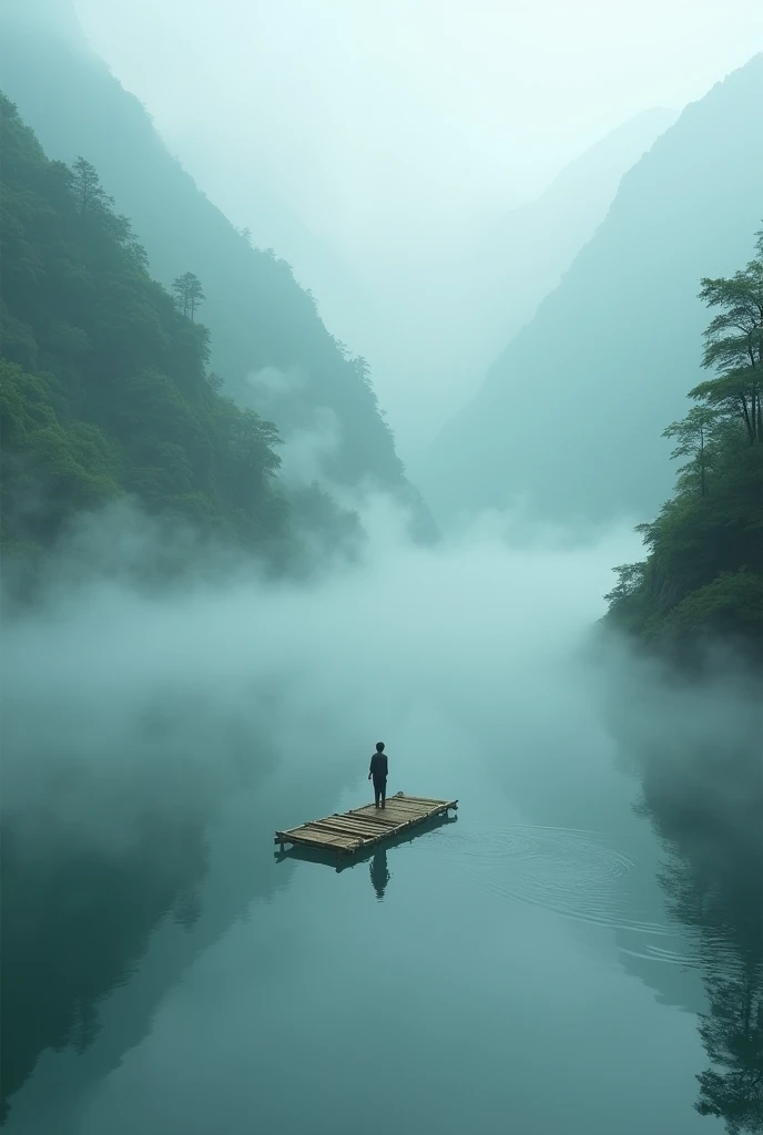 Misty,A bamboo raft with a small person standing on it was shot from a high mountain from a first-person perspective.