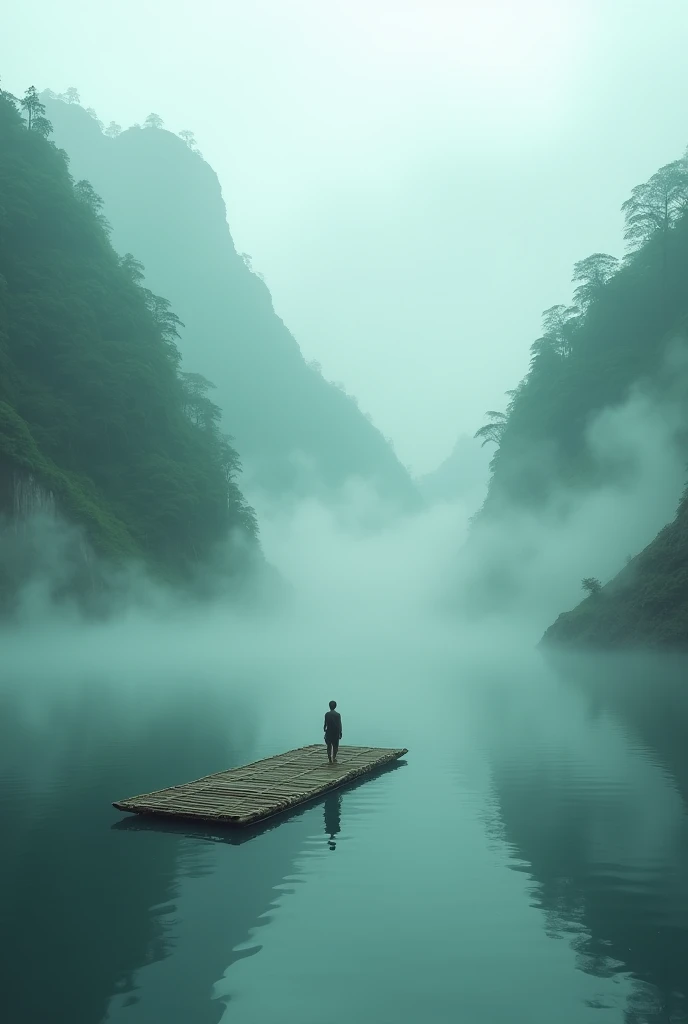 Misty，A bamboo raft with a small person standing on it was shot from a high mountain from a first-person perspective.