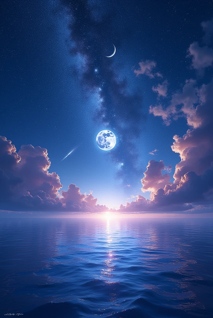 best quality, Full-HD, landscape photo, the universe, ocean, gradient blue background, gradient purple background, in the space, with a moon, with a full moon, with a crescent moon, with stardust, with a planet, with a comet, with a galaxy, at midnight, at night