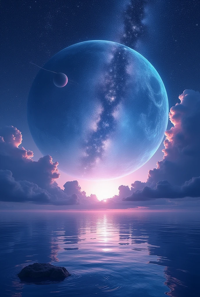 best quality, Full-HD, landscape photo, the universe, ocean, gradient blue background, gradient purple background, in the space, with a moon, with a full moon, with a crescent moon, with stardust, with a planet, with a comet, with a galaxy, at midnight, at night