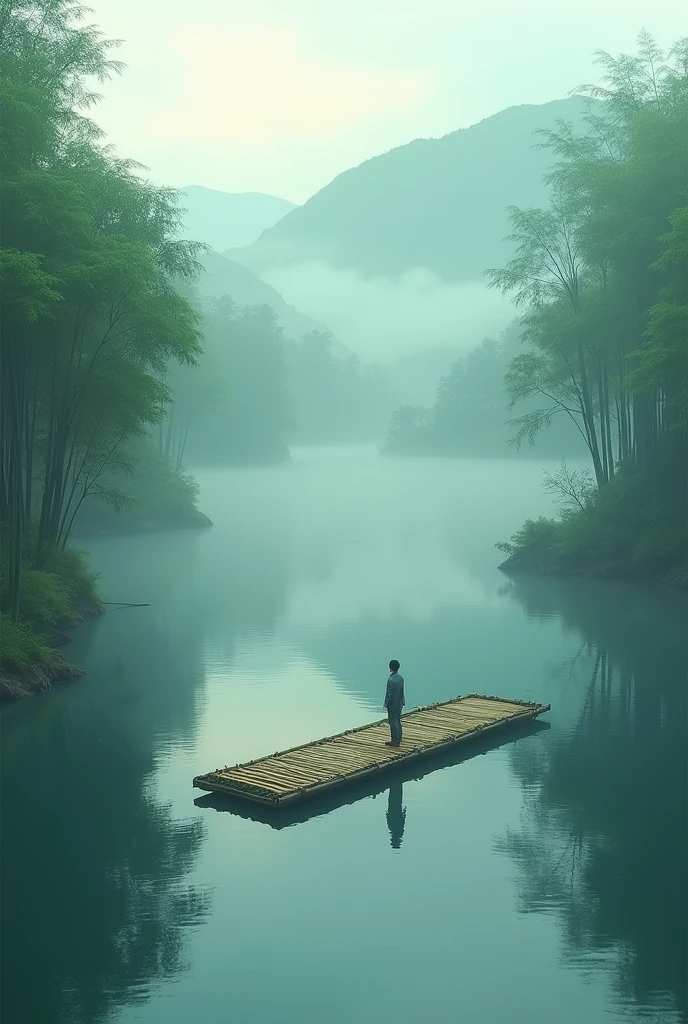 Misty，A bamboo raft with a small person standing on it was shot from a high mountain from a first-person perspective.