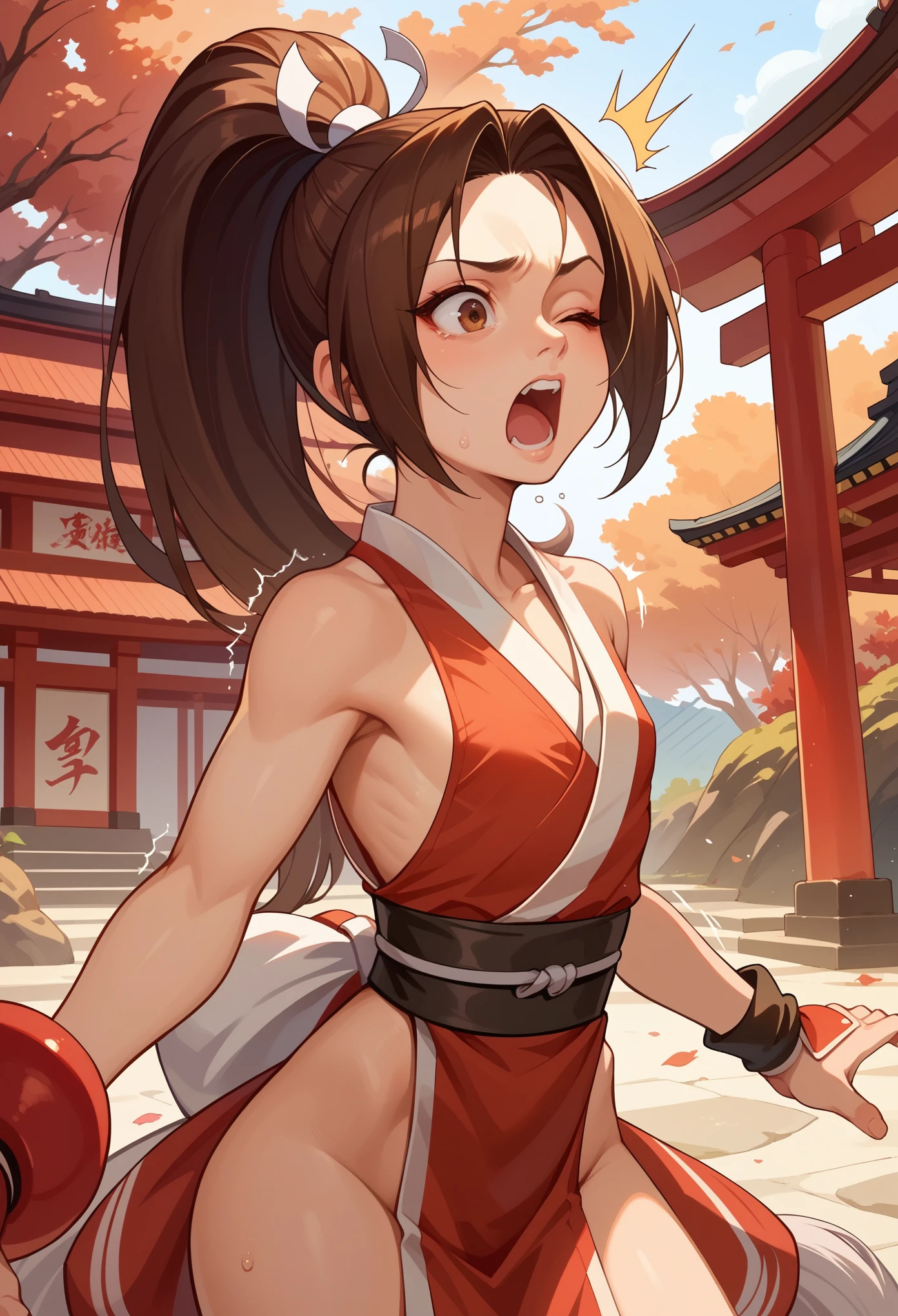 score_9, score_8_up, score_7_up, 1girl, solo, (kid:1.5), flat chest, PonyShiranui, high ponytail, brown hair, brown eyes, japanese clothes, revealing clothes, one closed eye, standing, shaking, shocked face, screaming, looking down, japanese shrine