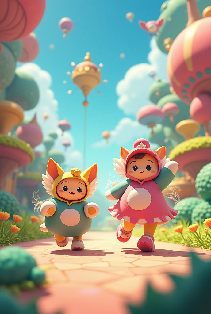  Create two cute characters Ms. Speed and Mr. Acceleration adults with tranes showing their characteristics, like ghibli and in a cute Movement Kingdom