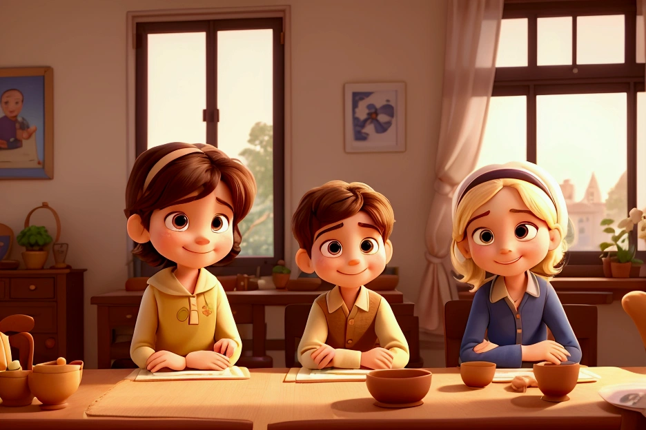 Draw in Pixar style, a smiling family that looks happy, the family is sitting in the dining room around the dinner table, the family consists of the father, who is 35 years old, and the mother, who is 2, in modest Islamic dress, her head is covered and her dress is beautiful and long, the family also consists of the son, who is a boy and is , and the daughter, who is a girl and is , the details are wonderful and the image quality is high, the lighting is high coming from the windows, and the colors are rich, the living room is organized and elegant and has some plant pots
