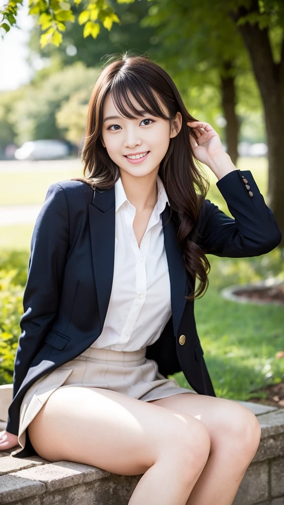 Pure Japanese  girl, outstanding body, shiny white skin, wearing formal jacket and blouse and skirt, high heels, natural wavy long hair styles, impressive big brown eyes, pure smile, feeling soft breeze in hair, sitting in outdoor, soft sunlight, professional pin-up portrait photography, 