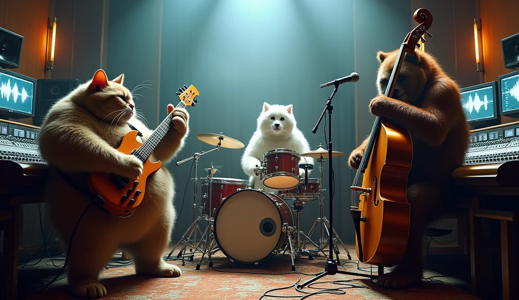 (action packed:1.3), (haze, fog, mist:1.3), chiaroscuro, best quality, photorealistic, A fat cat is playing the electric piano, a fat white dog is playing de electric bass, an orangutan is playing the drums and three hyenas are singing the chorus. The animal band is in a control room of a professional recording studio, where we can see the console and monitors.