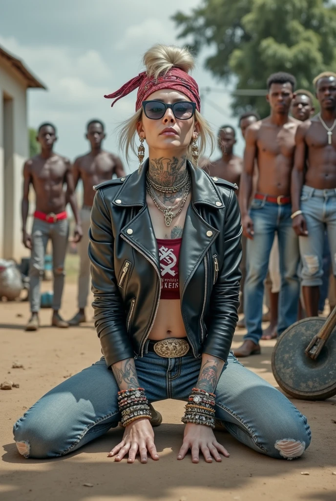 russian old milf woman, , blonde platinum hair (beehive bun) and wide colourful bandana as headband). Wearing oversized square maxi sunglasses. Square jaw, with very light green eyes, extremely pale. No tan. Wearing aged cropped black moto jacket (zippers on the side). Cropped short dark red push up t-shirt with winged hammer and sickle logo and gothic lettering,, dark skinny low rise blue jeans with holes on knees (white cotton visible). White tennis sneakers and bead bracelets around ankles. Lots of thick wide studded bracelets, chain collars and big rings. Tacky wide studded leather belt with skull and bones oval buckle. Long earrings with chains and feathers. Kneeling, stretching her neck.. Hands on knees, spread legs, Toned abdominals, thin neck, slim legs and thin arms. Narrow hips. Heavily tattooed in colour on chest, hands, neck and arms. Crowded dirt street of Nairobi with shirtless men crowding behind her