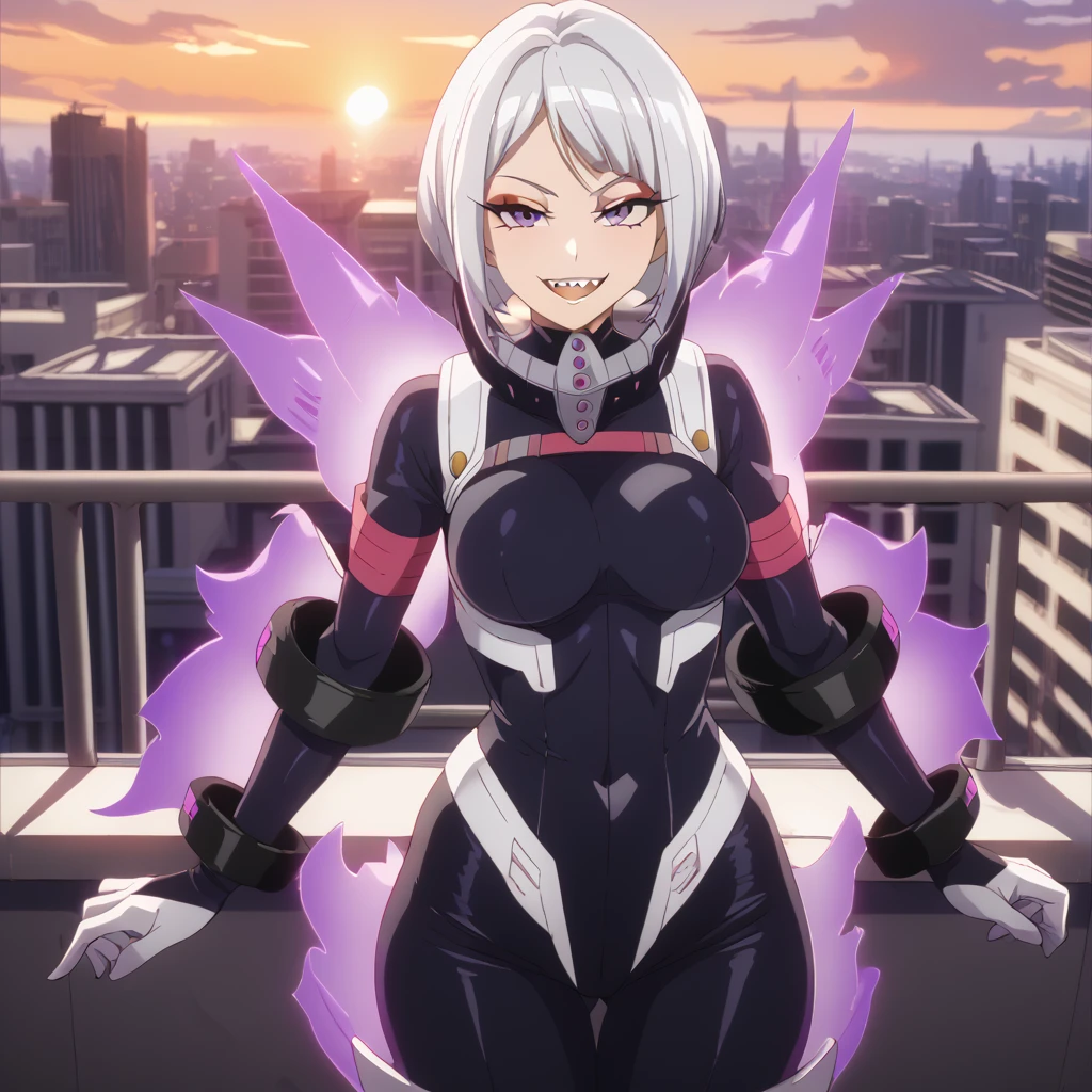 (NSFW) Detailed, best quality, 1 female, big arms, purple aura, cowboy shot, big hips, MHA style, black body suit, heavy artillery suit, gloves, white hair, short bowl cut hair, purple eyes, fully lidded eyes, evil eyes, eyeliner, large open smile, sharp teeth, stocky, very muscular, balcony, city background, beautiful sunset sky, samurai suit, upgraded suit, separated tits, sexy, powerful, jet power