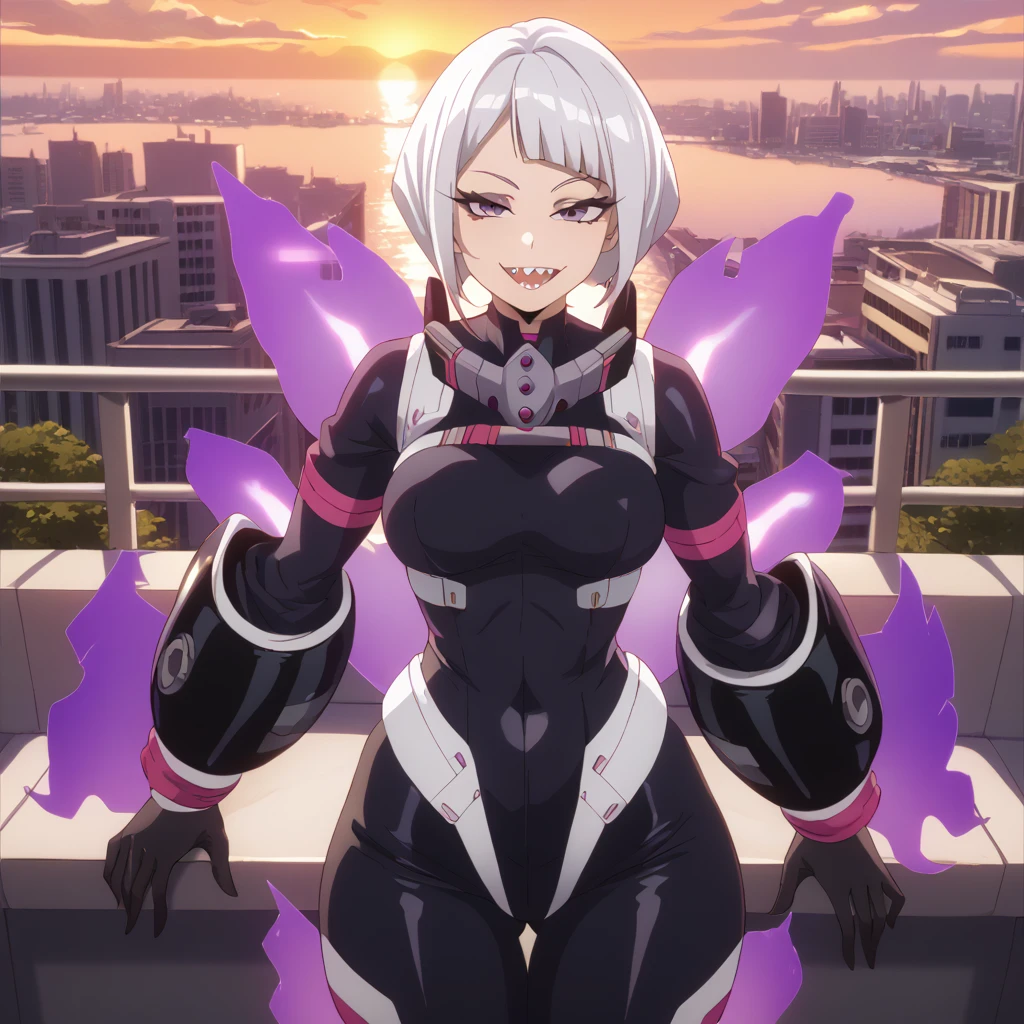 (NSFW) Detailed, best quality, 1 female, big arms, purple aura, cowboy shot, big hips, MHA style, black body suit, heavy artillery suit, gloves, white hair, short bowl cut hair, purple eyes, fully lidded eyes, evil eyes, eyeliner, large open smile, sharp teeth, stocky, very muscular, balcony, city background, beautiful sunset sky, samurai suit, upgraded suit, separated tits, sexy, powerful, jet power