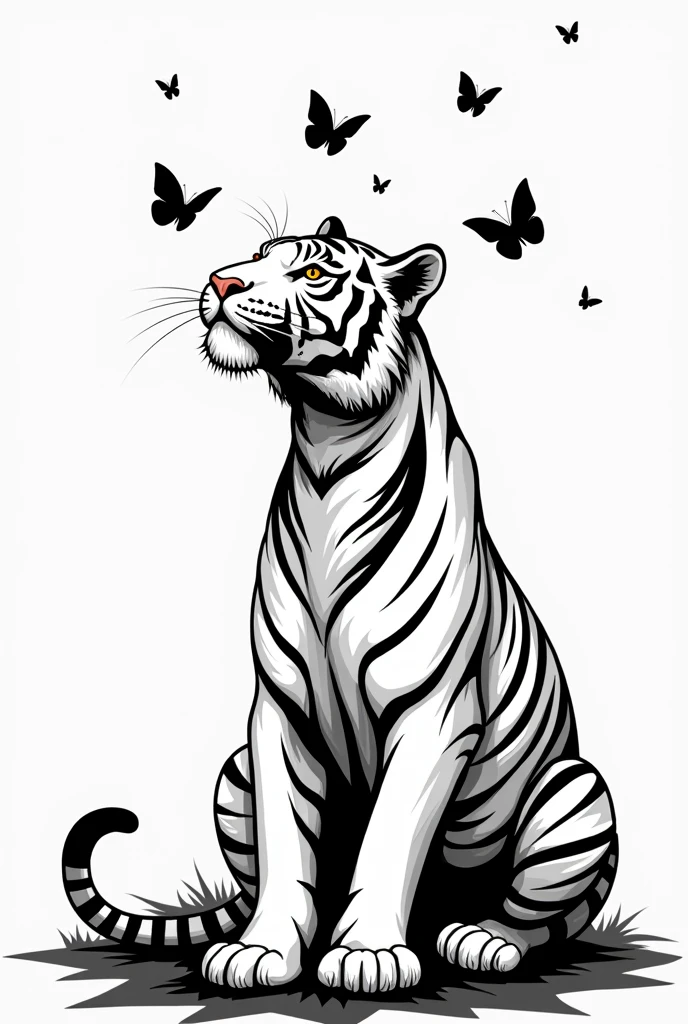 vector tiger looking up black and white with butterflies sitting on it