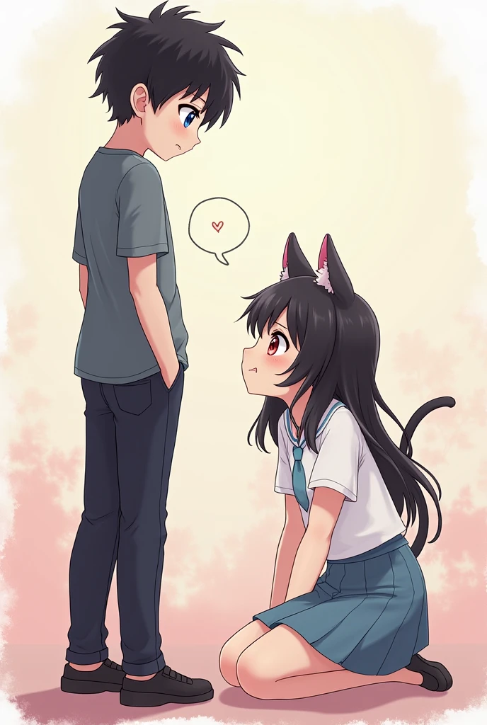 Anime boy with black hair and blue eyes standing and anime girl with black hair and red eyes with cat ears on her knees in front of the boy