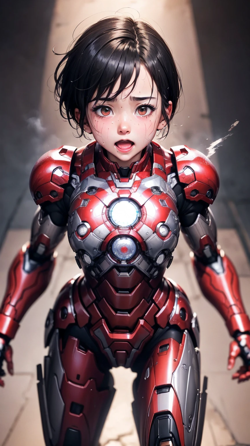 Highest quality　8k Iron Man suit girl　**********************　Sweaty face　cute　short hair　boyish　Steam coming out of my head　My hair is wet with sweat　The feel of black hair　Full body portrait　Ecstatic expression　Drooling dripping from the mouth　look up　bare hands