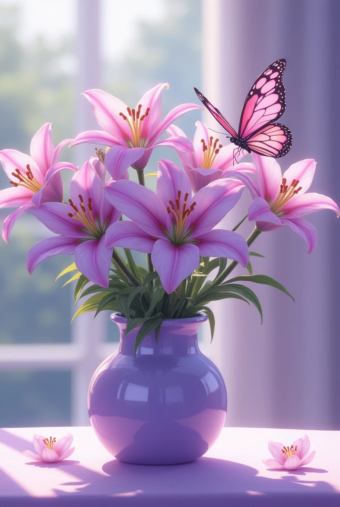 Lily flowers in a vase (Lavender color) , A beautiful age girl (Dimple on cheeks), a butterfly