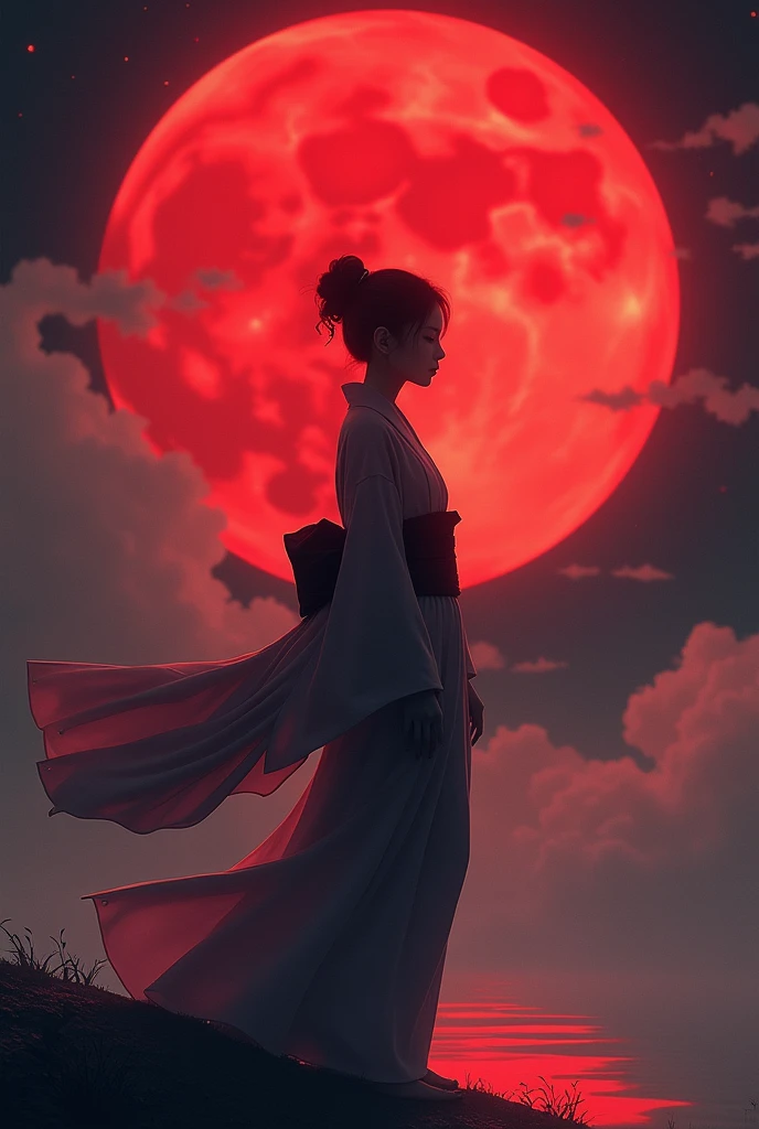 “A silhouetted figure in a traditional kimono stands gracefully against a massive, glowing red moon. The scene is ethereal, with flowing clouds surrounding the moon and soft light illuminating the edges of the kimono. The atmosphere is mystical, with a blend of fantasy and Japanese aesthetics, creating a serene yet powerful visual.”