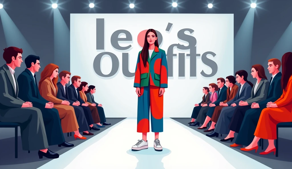 Digital illustration featuring a fashion show setting. The layout includes a central figure standing on a white runway, surrounded by seated audience members on both sides. The central figure is wearing a colorful outfit with large, bold patterns in red, blue, and green, and white sneakers. The background features large, bold text in a modern sans-serif font, reading 'LEO'S OUTFITS' in grey and white. The audience members are dressed in muted tones, and the scene is lit by overhead spotlights, creating a professional and stylish atmosphere.