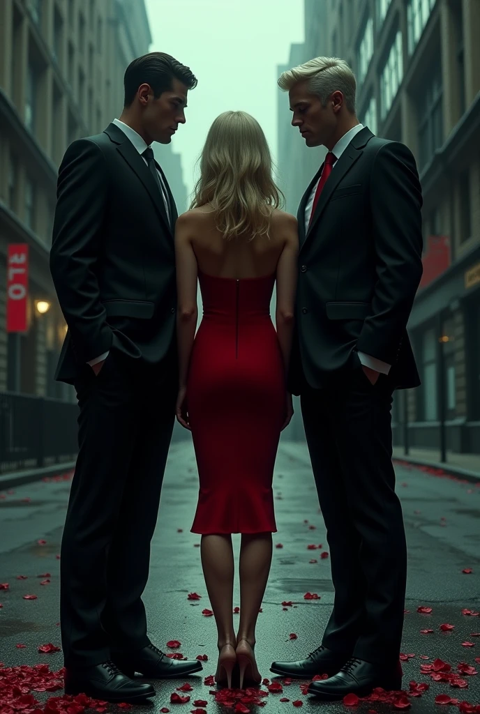 A background of a dark street with bullets and red rose petals on the ground, The girl is between the two men who are almost two meters tall., The girl has a sexy red dress and the men are wearing tailored black suits. One of the men has short platinum blonde hair , Men are 35 to 3, The girl has brown hair and is 1.60