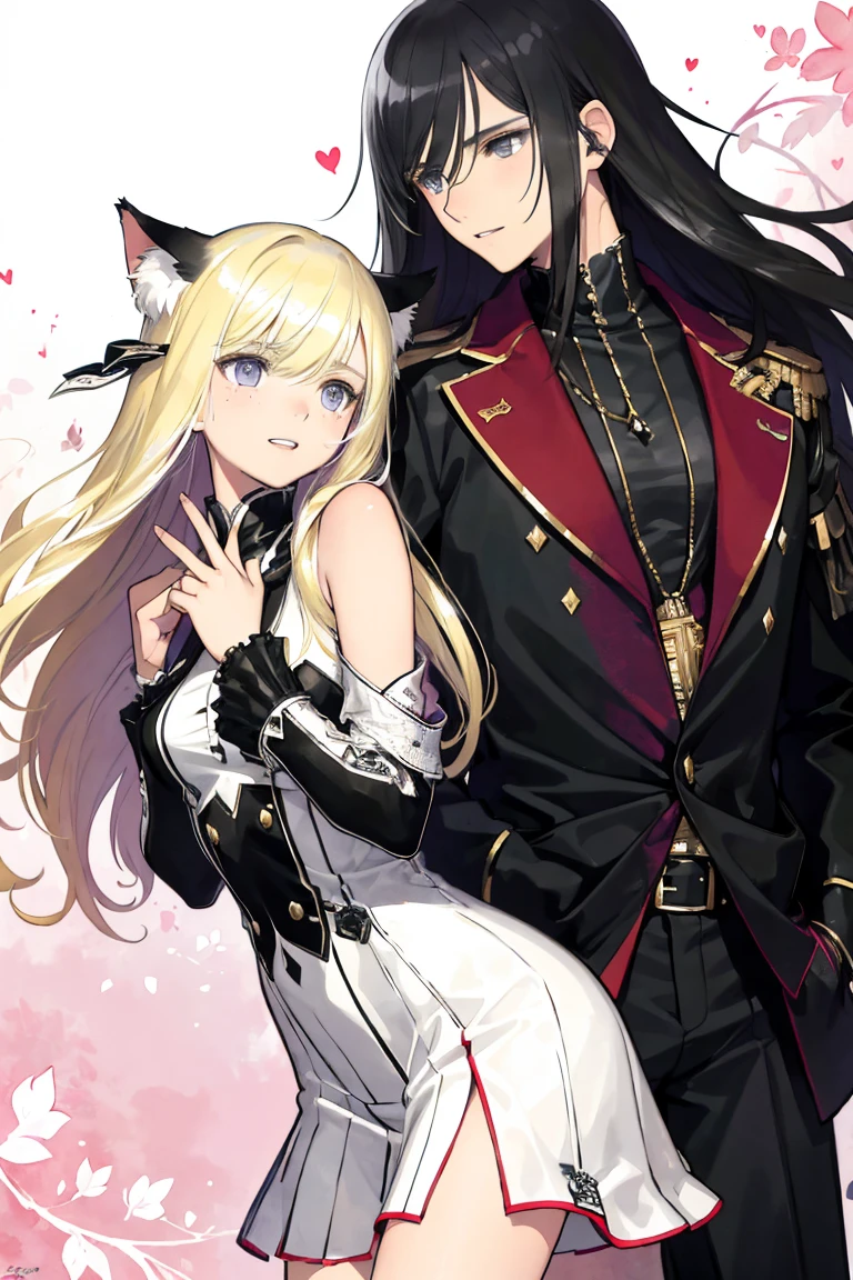 man and woman, couple, love, mature, a cat woman, she has freckles, she has dark brown eyes and an upturned nose, she is happy and smiling, she has long wavy hair, black hair, she is wearing aviator sunglasses with clear lenses in a soft watercolor style. The girl's clothes must be pink, purple, and blue in celebration of the bisexual, with stains of ink and watercolor mixing and filling the scene. he has blonde hair, he is handsome, he is slim. There should be a subtle, nuanced change in colors using the impasto technique with gouache paint. There should be a light rain in the watercolor painting with a little watercolor paper texture and a pastel background.