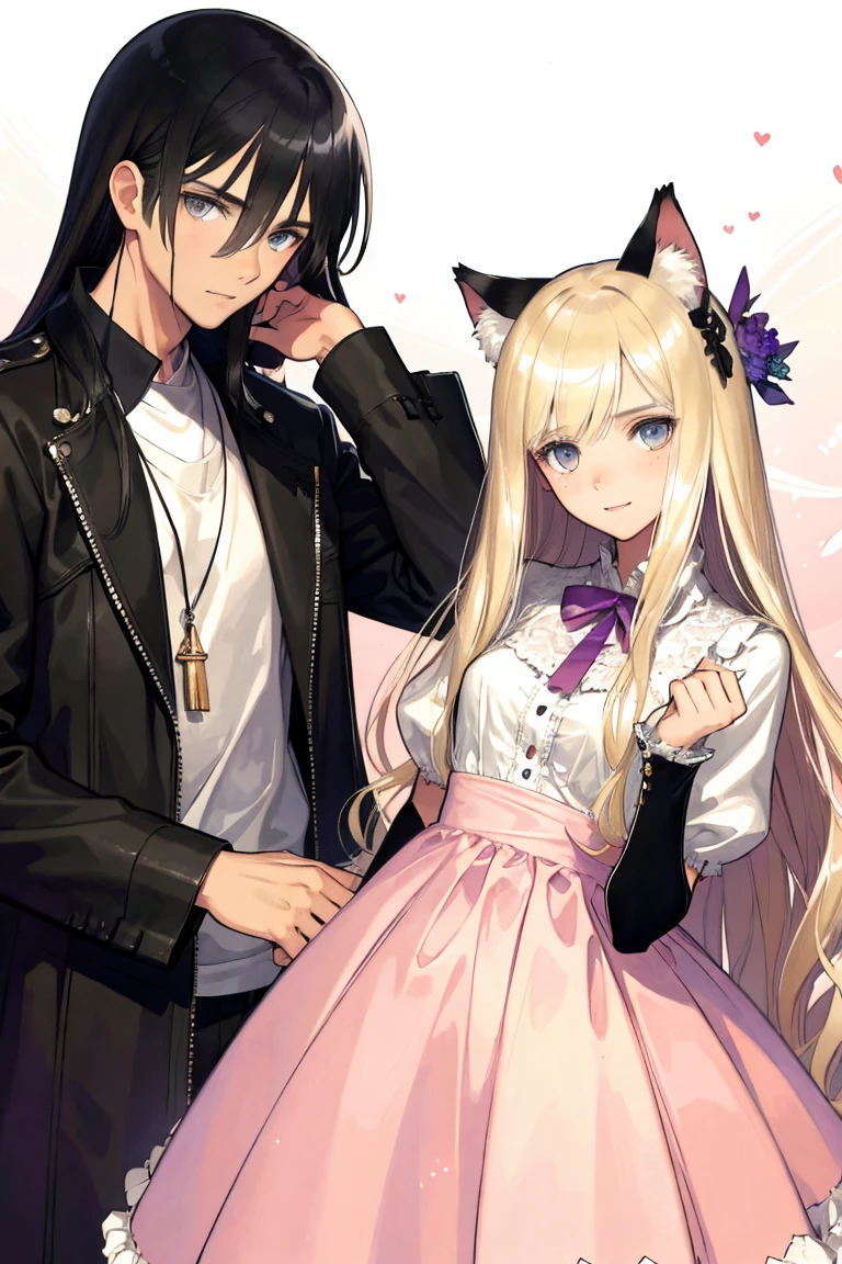 man and woman, couple, love, mature, a cat woman, she has freckles, she has dark brown eyes and an upturned nose, she is happy and smiling, she has long wavy hair, black hair, she is wearing aviator sunglasses with clear lenses in a soft watercolor style. The girl's clothes must be pink, purple, and blue in celebration of the bisexual, with stains of ink and watercolor mixing and filling the scene. he has blonde hair, he is handsome, he is slim. There should be a subtle, nuanced change in colors using the impasto technique with gouache paint. There should be a light rain in the watercolor painting with a little watercolor paper texture and a pastel background.