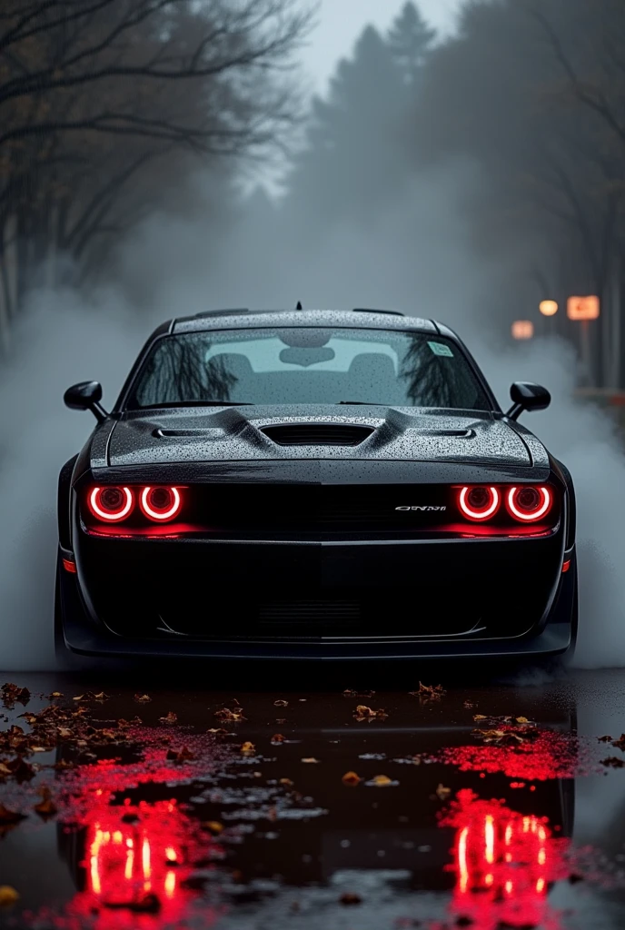 Dodge Challenger SRT hellcat red eye in black colour with red light with dark background with a little side view with fume with a death stare view and some dead leaves on ground front view a little side drift view right side view in rain