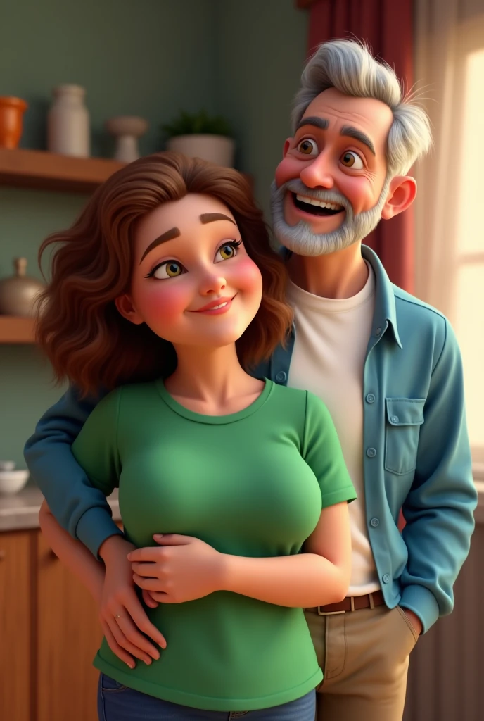 Pixar style image of a 40 year old couple, full body shot. the wife is in front , She has a green shirt, She has light brown curly hair, white skin,plump complexion, The husband behind her is white-skinned, grey hair, shaved beard white shirt and blue jacket, They are looking at a lower corner, they are smiling