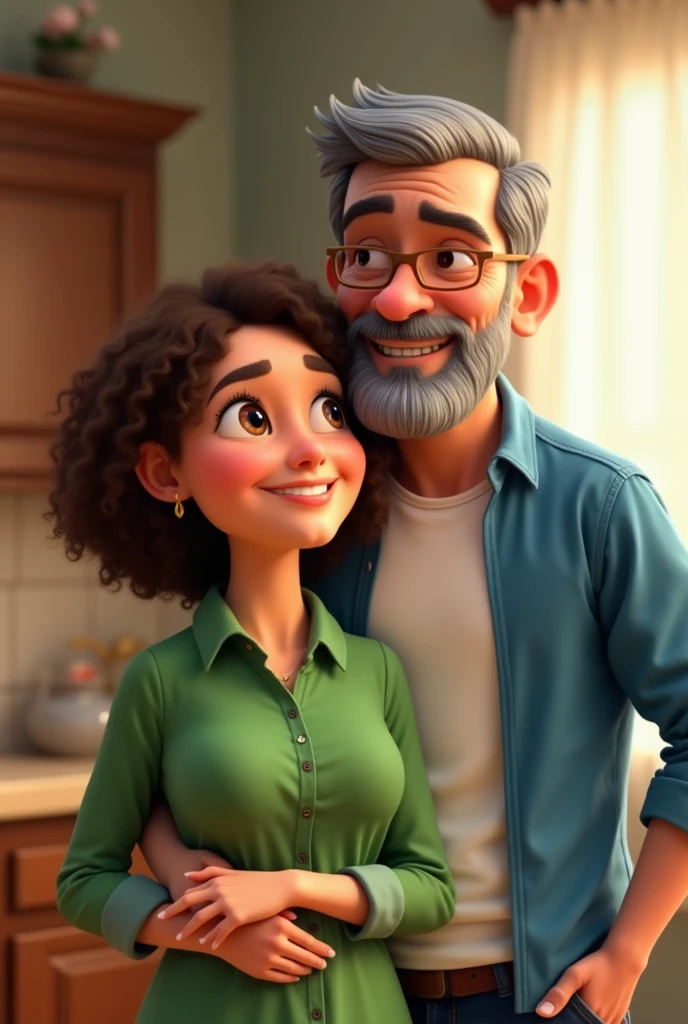 Pixar style image of a 40 year old couple, full body shot. the wife is in front , She has a green shirt, She has light brown curly hair, white skin,plump complexion, The husband behind her is white-skinned, grey hair, shaved beard white shirt and blue jacket, They are looking at a lower corner, they are smiling
