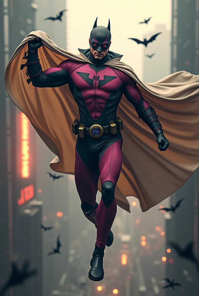 Malaysia man in high-tech suit, vivid effects, malaysian superhero (KELUANG MAN) in a striking pink and beige costume cyberpunk design, mask small mini bat ear beige, daredevil beige mask, jumpsuit dark pink stands confidently in a dramatic.jumping from high place.hero costume.one hand rise up. Big triangle logo on the chest.high detail Punisher logo on the chest. Fighting pose , stormy landscape. ((Head covered node guard like batman. Running pose , athletic body type, small mini ear bat mask))The character wears domino mask a helmet with pointed mini torn ears and a flowing cape biege, open nose and mouth. Equipped with visible futuristic weapons on a belt,bullet proof jacket pink dark day.show fingers pose, dark night, big supermoon effect . Small logo on chest triangle shape small punisher logo center(( skull triangle Casey Jones mask shape logo)) center on chest pink logo mini logo . rocky. Building top.smoke ground , bomb effect background, losse pants, losses costume.adding to --ar 3:4 --style raw --stylize 500 --v 6.1. chaos. Lot of small flying bat. One leg on the high stone. Man. Wear hologram watch.. Real man age 40 year old. One hand holding belt.one hand holding black rope hanging on building. Big pant pink. Beige cape joodie.(( Loose pant)) , jump on high building)marvel , X-Men.
