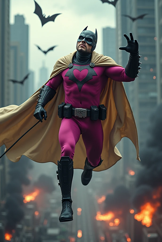 Malaysia man in high-tech suit, vivid effects, malaysian superhero (KELUANG MAN) in a striking pink and beige costume cyberpunk design, mask small mini bat ear beige, daredevil beige mask, jumpsuit dark pink stands confidently in a dramatic.jumping from high place.hero costume.one hand rise up. Big triangle logo on the chest.high detail Punisher logo on the chest. Fighting pose , stormy landscape. ((Head covered node guard like batman. Running pose , athletic body type, small mini ear bat mask))The character wears domino mask a helmet with pointed mini torn ears and a flowing cape biege, open nose and mouth. Equipped with visible futuristic weapons on a belt,bullet proof jacket pink dark day.show fingers pose, dark night, big supermoon effect . Small logo on chest triangle shape small punisher logo center(( skull triangle Casey Jones mask shape logo)) center on chest pink logo mini logo . rocky. Building top.smoke ground , bomb effect background, losse pants, losses costume.adding to --ar 3:4 --style raw --stylize 500 --v 6.1. chaos. Lot of small flying bat. One leg on the high stone. Man. Wear hologram watch.. Real man age 40 year old. One hand holding belt.one hand holding black rope hanging on building. Big pant pink. Beige cape joodie.(( Loose pant)) , jump on high building)marvel , X-Men.