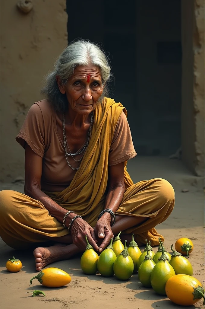 A poor Indian oldwoman sitting on the ground making a huge train out of brinjals which is very long